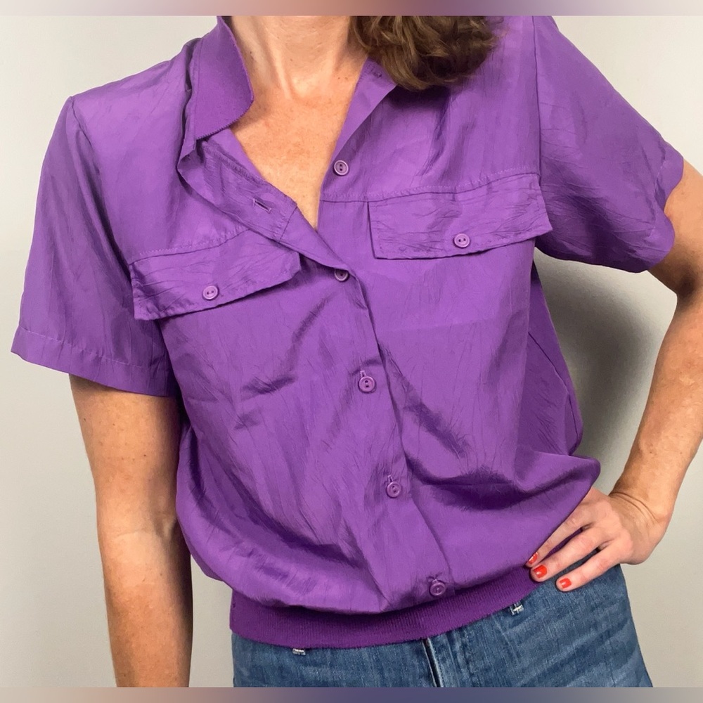 Lauren Lee Vintage Purple Short Sleeve Shirt - M | Button-Down & Elastic Waist